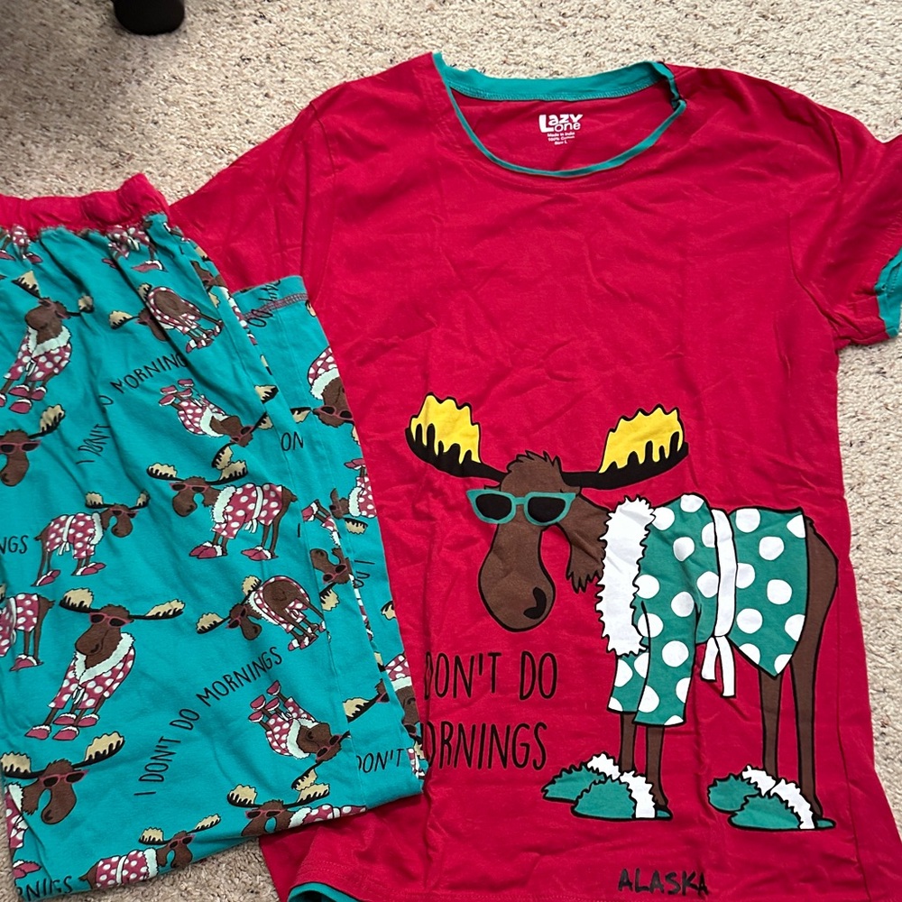 Lazy One Kids Moose Pajama Set - Red and Teal
